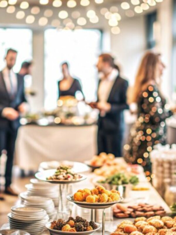 Festive Office Christmas Party with Delicious Food. A beautifully decorated office space with Christmas trees and festive lights, set up for a holiday party. Festive Office Christmas Party with Delicious Food. A beautifully decorated office space with Christmas trees and festive lights, set up for a holiday party.